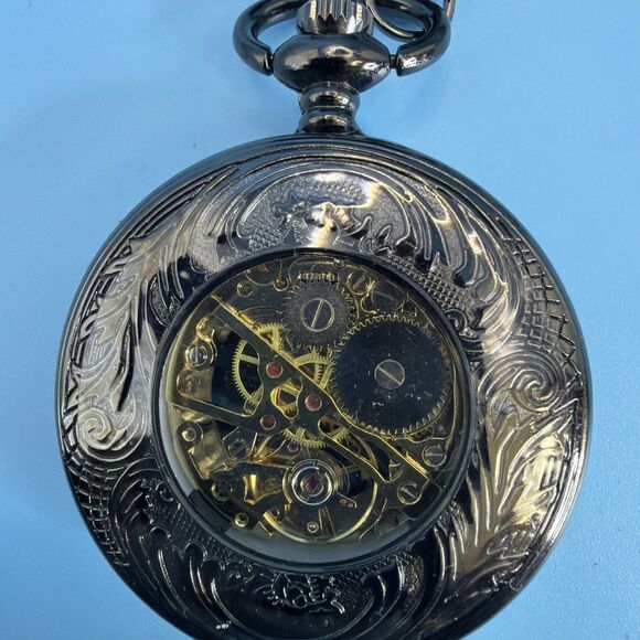 NEW In Box SEWOR Pocket Watch Mechanical Skeleton, Gold With Black Case - Picture 3 of 7